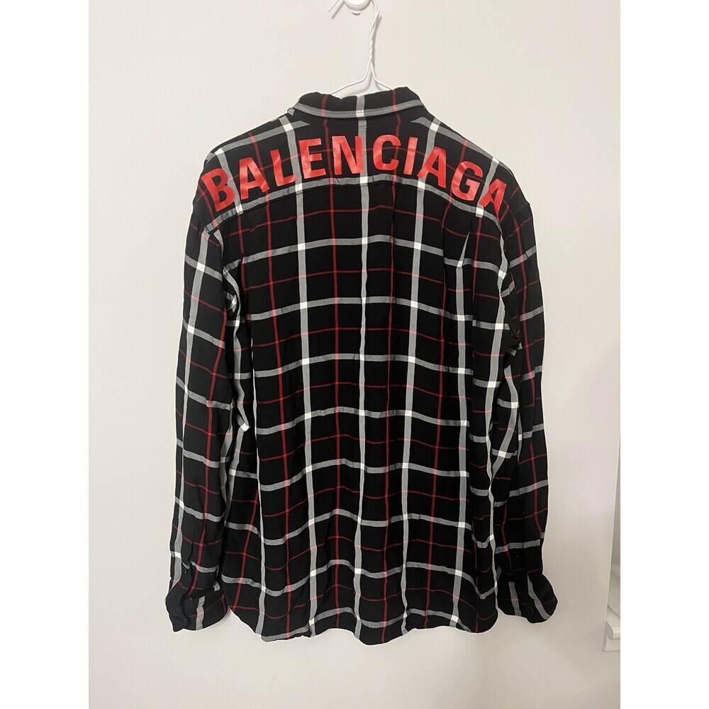 Authentic BALENCIAGA black red white viscose 2019 LOGO PLAID Button-Up Shirt